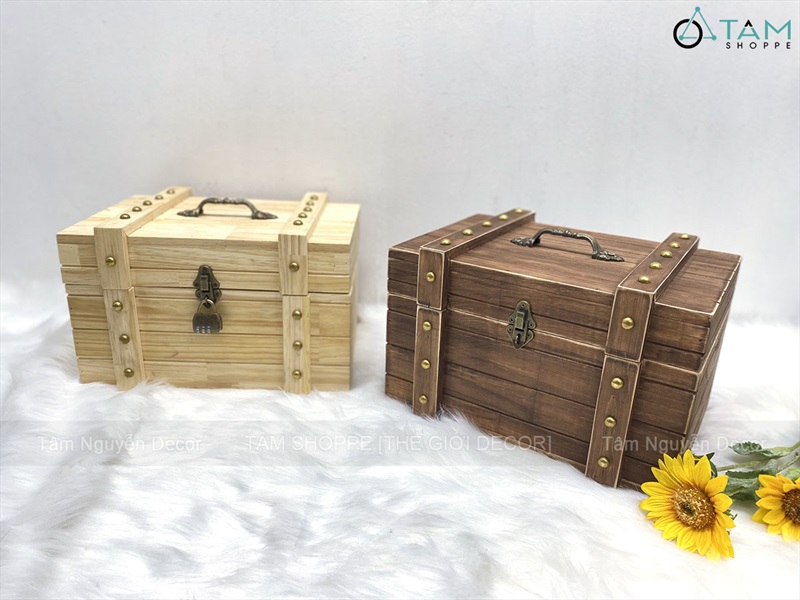 Rương gỗ viền nẹp đinh tán giả cổ 35cm (tặng ổ khoá) RUONG-GO-01